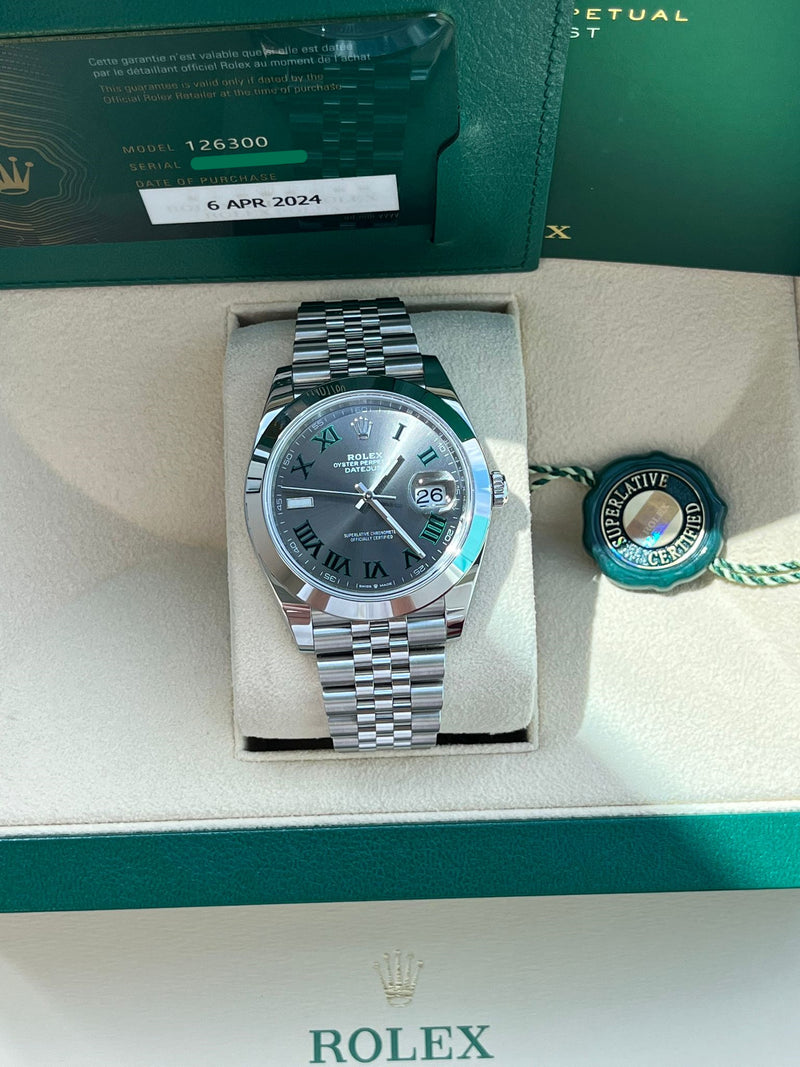 Rolex Datejust 41mm Wimbledon Gray Green Roman Dial Smooth Bezel Watch 126300