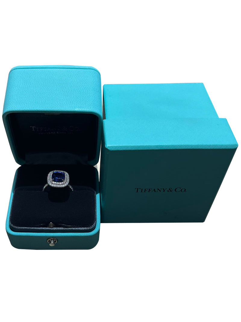 Tiffany & Co Soleste Cushion Cut Tanzanite Double Halo Round Diamond Ring