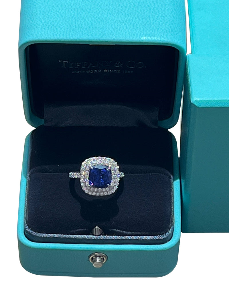 Tiffany & Co Soleste Cushion Cut Tanzanite Double Halo Round Diamond Ring