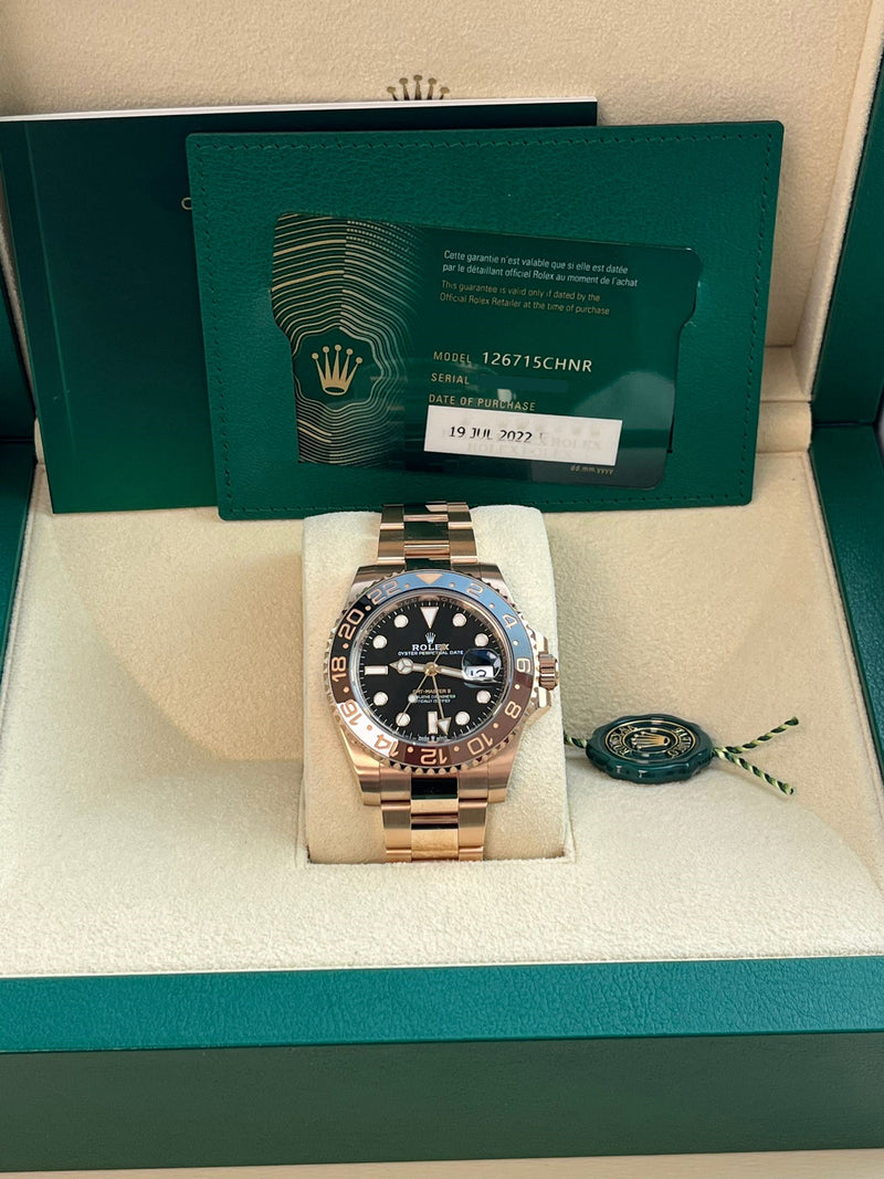 Rolex GMT-Master II 40mm Rootbeer 18K Rose Gold Oyster Bracelet Watch 126715CHNR