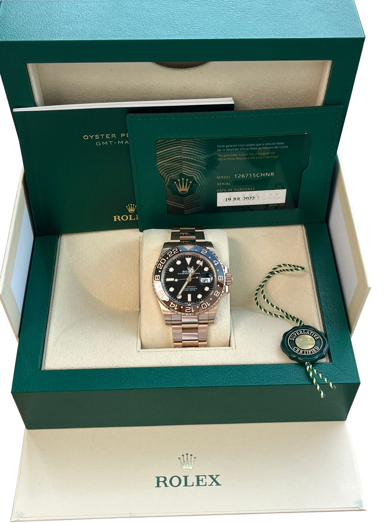 Rolex GMT-Master II 40mm Rootbeer 18K Rose Gold Oyster Bracelet Watch 126715CHNR