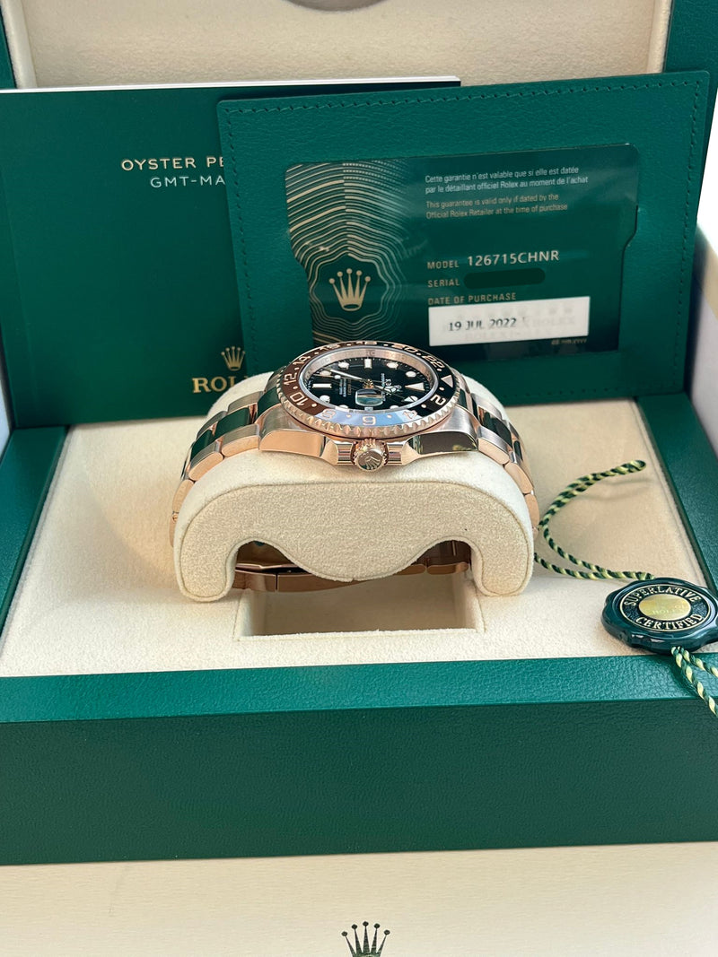 Rolex GMT-Master II 40mm Rootbeer 18K Rose Gold Oyster Bracelet Watch 126715CHNR