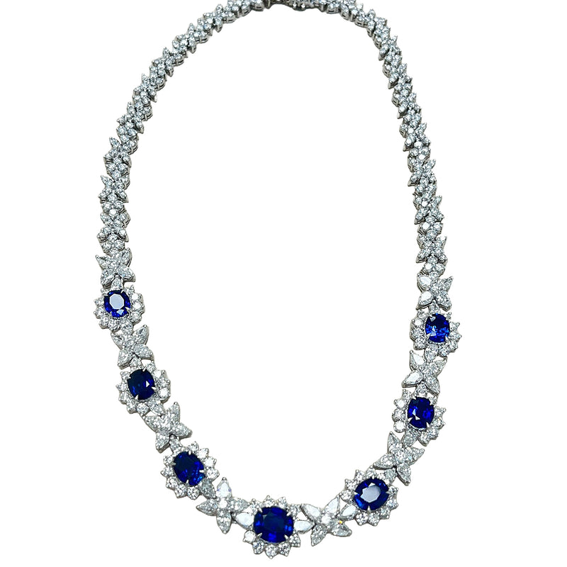 Cellini Jewelers Oval-Shaped Sapphire and Pear-Shaped Diamond Cluster Necklace