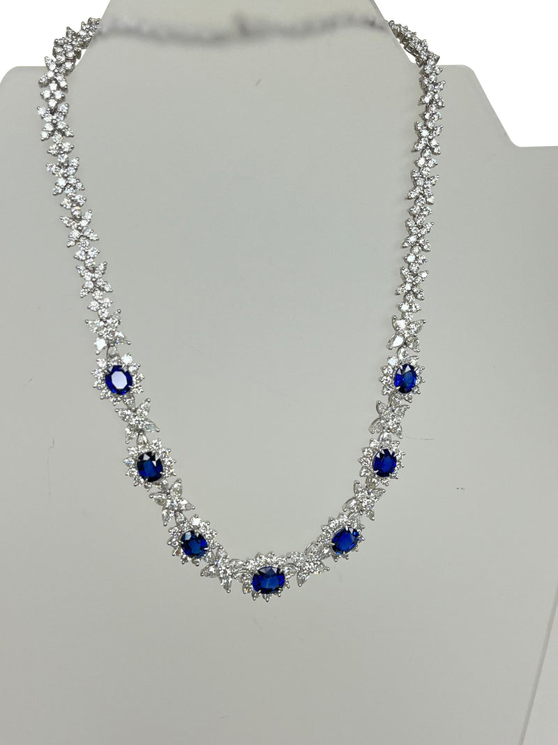 Cellini Jewelers Oval-Shaped Sapphire and Pear-Shaped Diamond Cluster Necklace