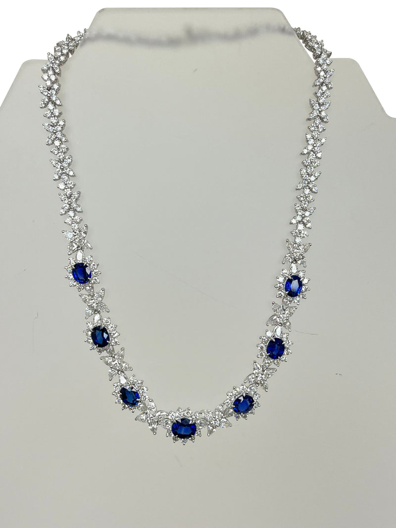 Cellini Jewelers Oval-Shaped Sapphire and Pear-Shaped Diamond Cluster Necklace