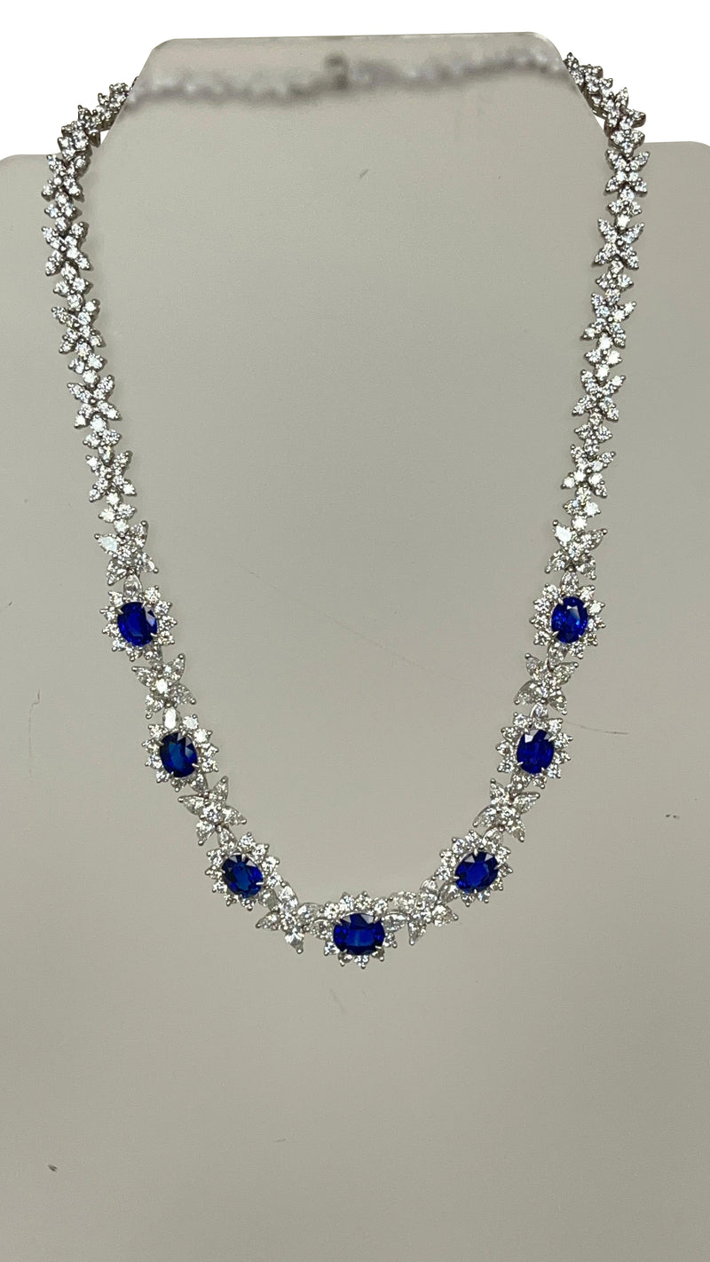 Cellini Jewelers Oval-Shaped Sapphire and Pear-Shaped Diamond Cluster Necklace