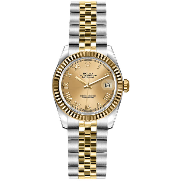 Rolex Lady-Datejust 26mm Gold Champagne Roman Dial Jubilee Bracelet Watch 179173