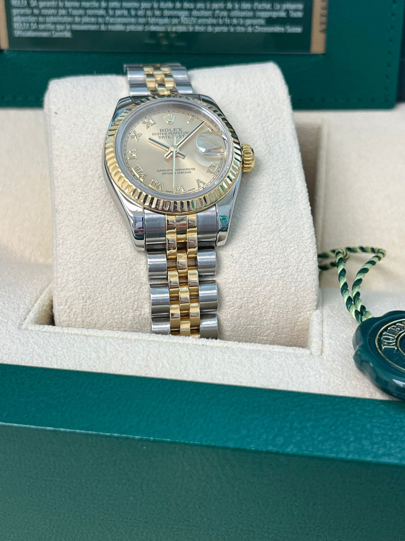 Rolex Lady-Datejust 26mm Gold Champagne Roman Dial Jubilee Bracelet Watch 179173