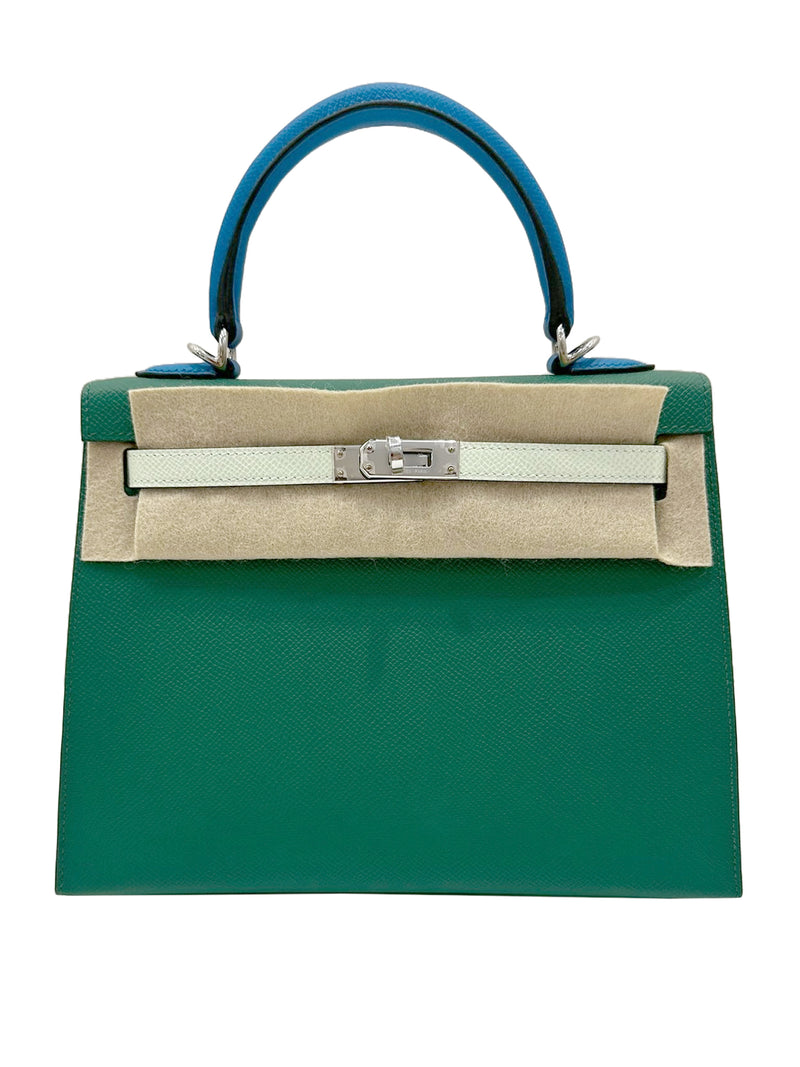 Hermes Kelly II Sellier 25 Epsom Vert Vertigo Vert Fizz Blue Palladium Cashing Diamonds