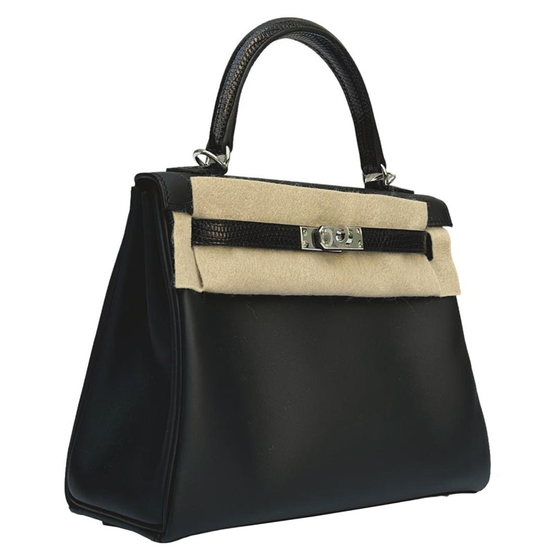 Hermes Kelly 25 Noir Lizard and Swift Touch Handbag with Palladium Hardware