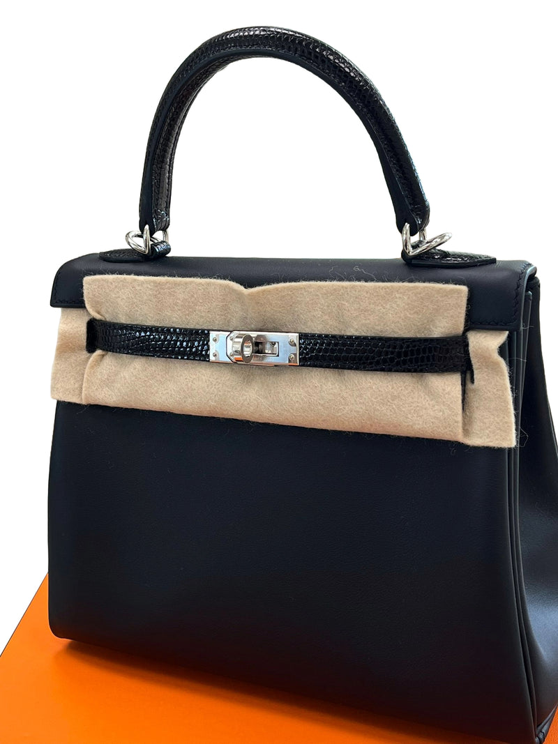 Hermes Kelly 25 Noir Lizard and Swift Touch Handbag with Palladium Hardware