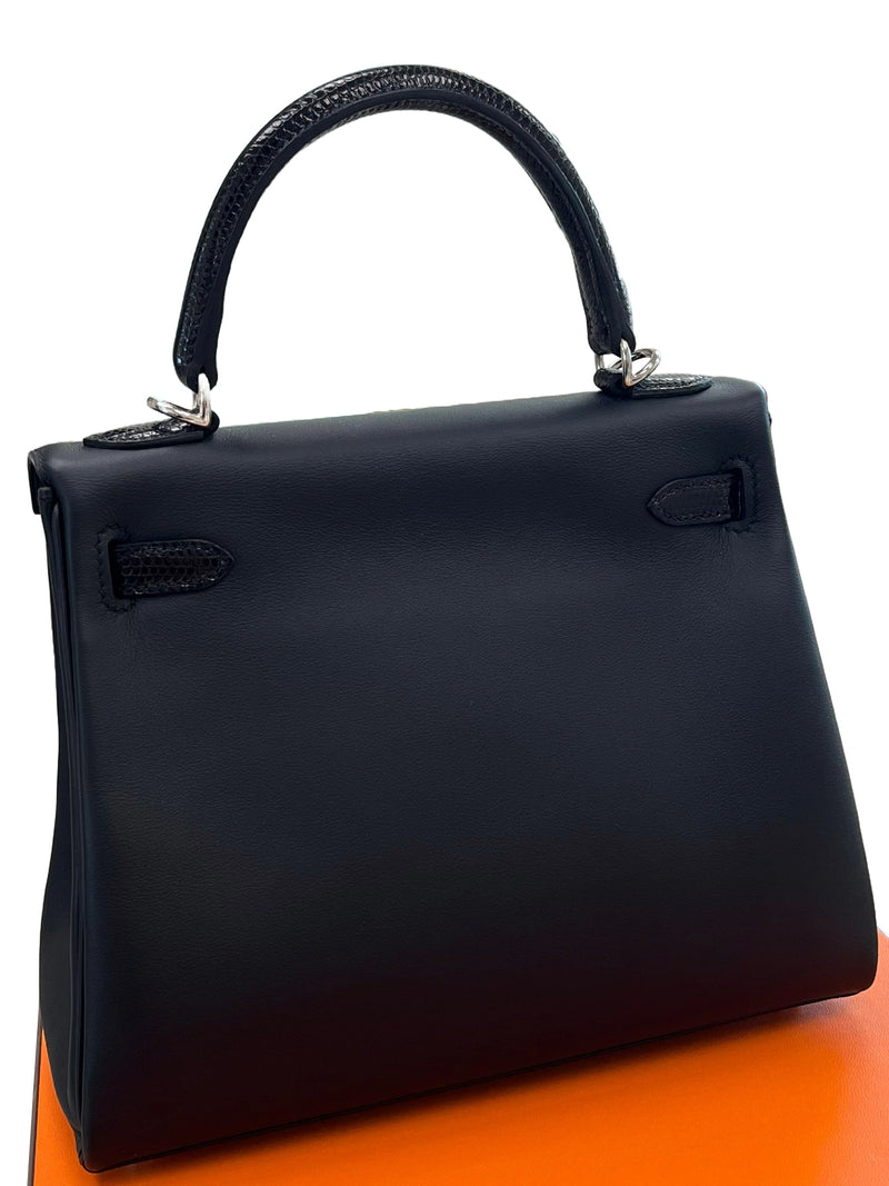 Hermes Kelly 25 Noir Lizard and Swift Touch Handbag with Palladium Hardware