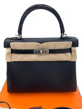 Hermes Kelly 25 Noir Lizard and Swift Touch Handbag with Palladium Hardware