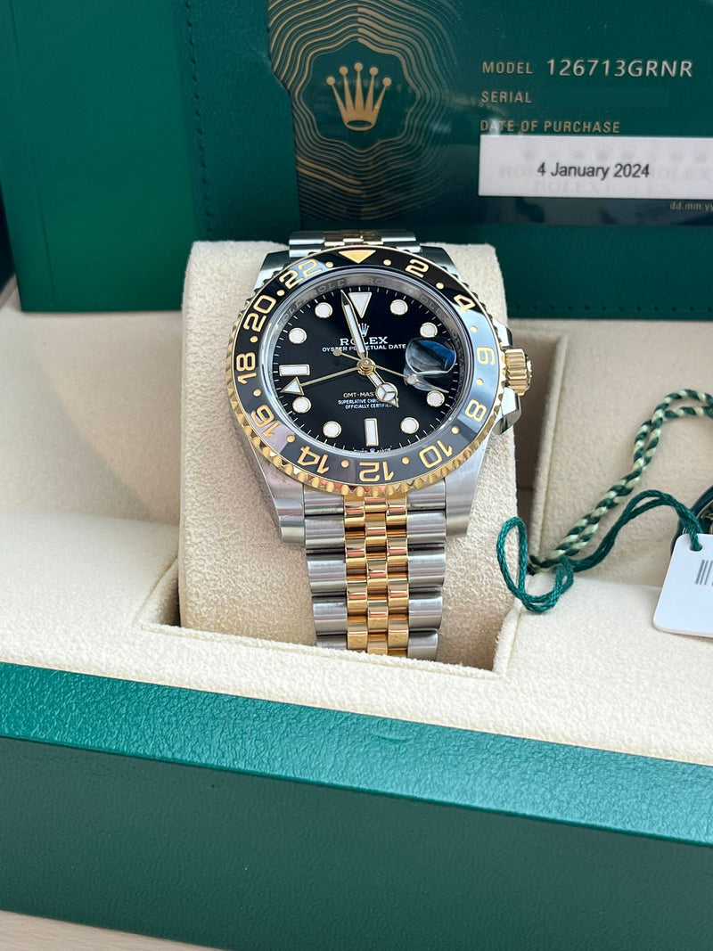 Rolex GMT-Master II 40mm Black Dial Oystersteel Yellow Gold Watch 126713GRNR