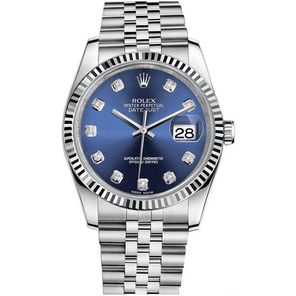 Rolex Datejust 36mm Blue Diamond Dial Steel Fluted Bezel Jubilee Watch 116234