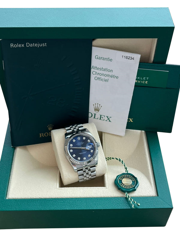 Rolex Datejust 36mm Blue Diamond Dial Steel Fluted Bezel Jubilee Watch 116234