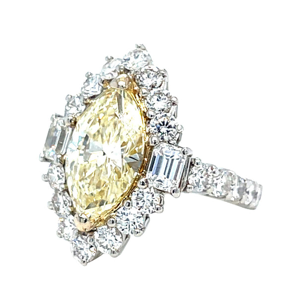 3.12 Carat Fancy Yellow Marquise Cut with Natural Round Diamond Engagement Ring