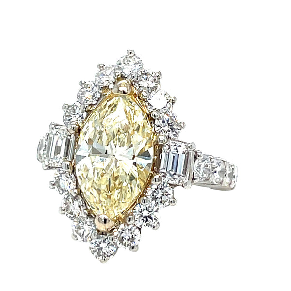 3.12 Carat Fancy Yellow Marquise Cut with Natural Round Diamond Engagement Ring