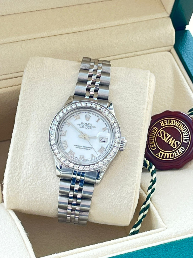 Rolex Lady-Datejust White Roman Dial Diamond Bezel White Gold Steel Watch 6917