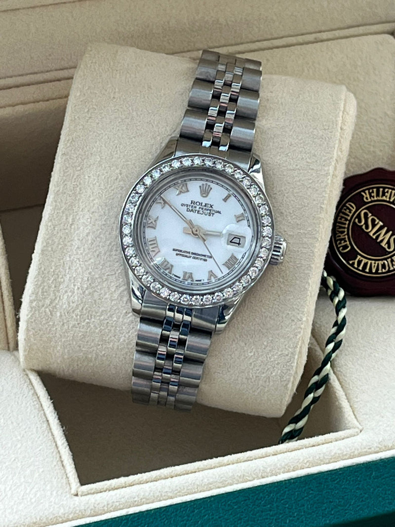 Rolex Lady-Datejust White Roman Dial Diamond Bezel White Gold Steel Watch 6917