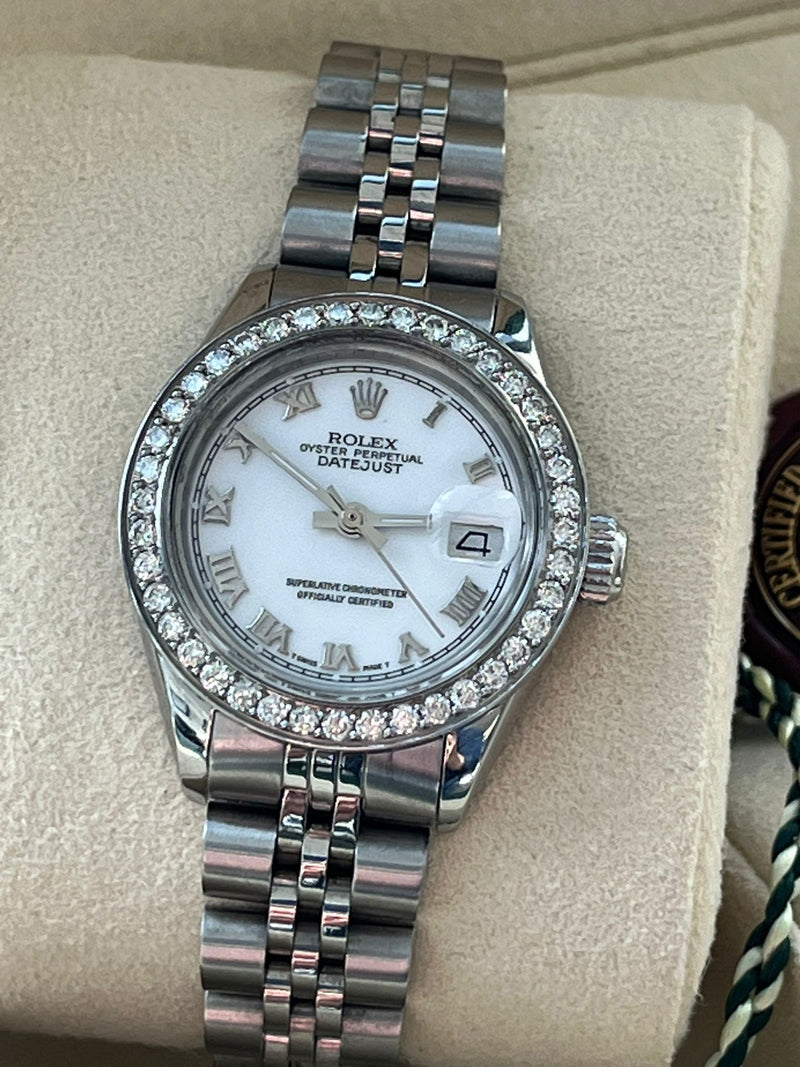 Rolex Lady-Datejust White Roman Dial Diamond Bezel White Gold Steel Watch 6917