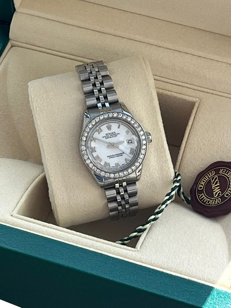 Rolex Lady-Datejust White Roman Dial Diamond Bezel White Gold Steel Watch 6917