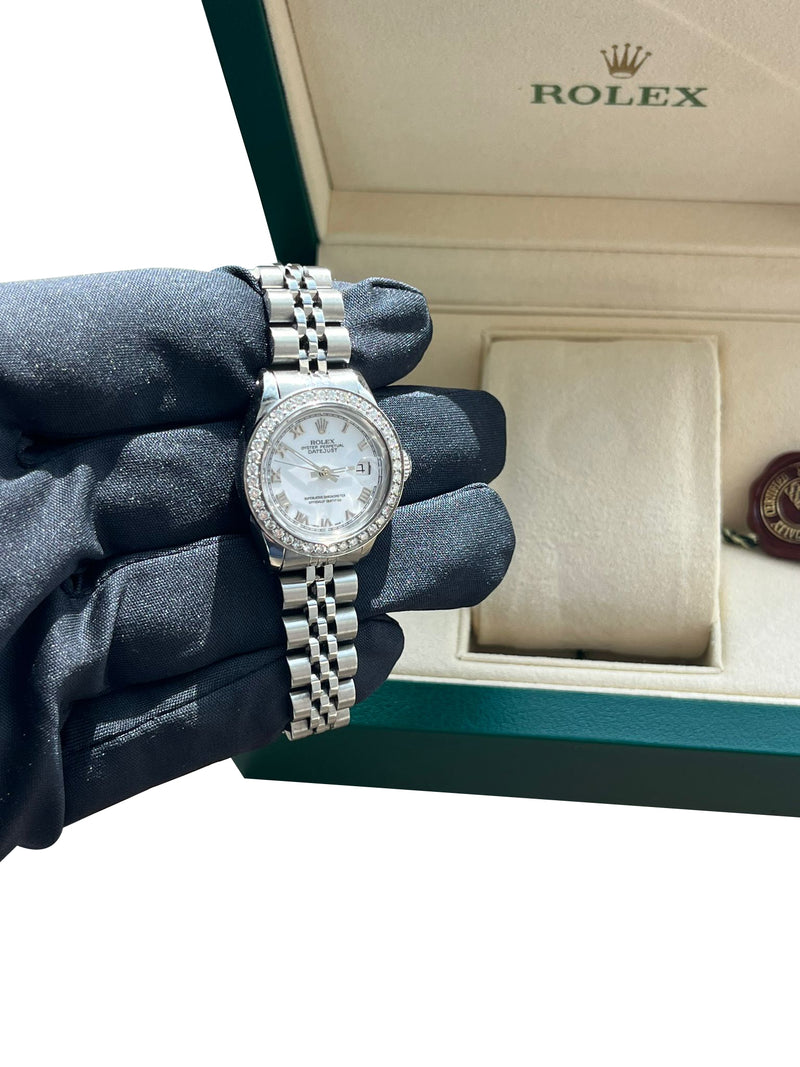 Rolex Lady-Datejust White Roman Dial Diamond Bezel White Gold Steel Watch 6917