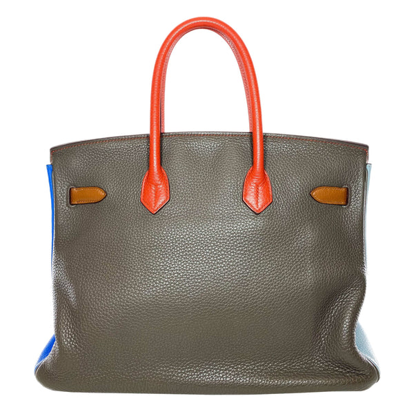 Hermes Birkin 35 Arlequin Orange Sanguine Gold Bleu Lin Clemence in Palladium