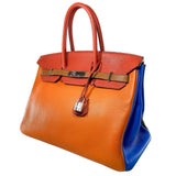 Hermes Birkin 35 Arlequin Orange Sanguine Gold Bleu Lin Clemence in Palladium