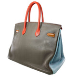 Hermes Birkin 35 Arlequin Orange Sanguine Gold Bleu Lin Clemence in Palladium