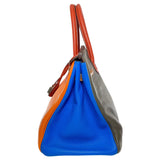 Hermes Birkin 35 Arlequin Orange Sanguine Gold Bleu Lin Clemence in Palladium