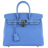 Hermes Swift Birkin 25 Bleu Paradis Calfskin Leather Palladium Hardware Handbag