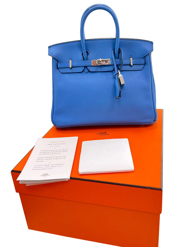 Hermes Swift Birkin 25 Bleu Paradis Calfskin Leather Palladium Hardware Handbag