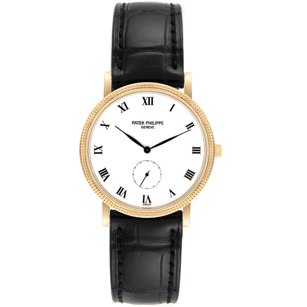 Patek Philippe Calatrava 18k Yellow Gold Black Leather Strap Mens Watch 3919J