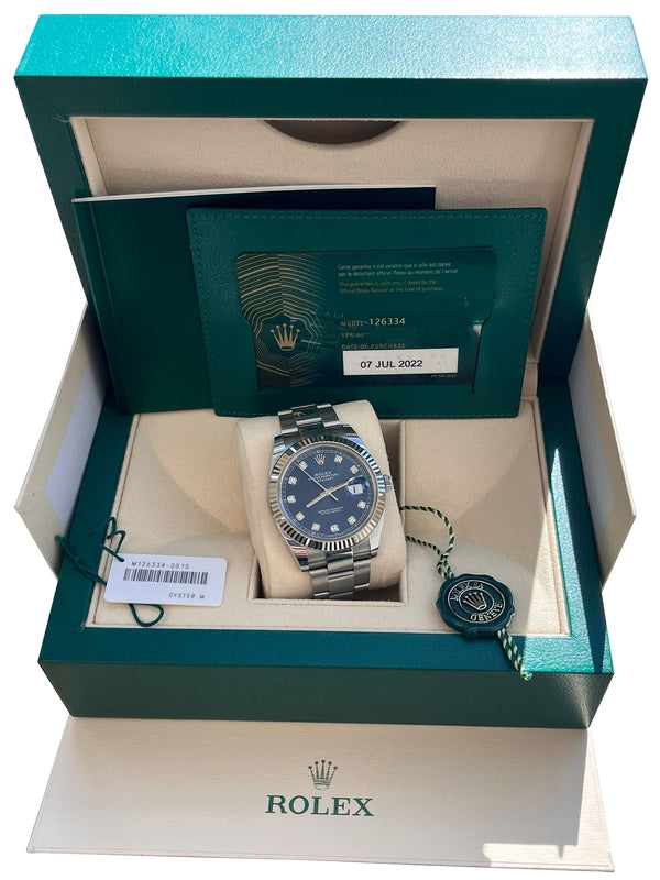 Rolex Datejust 41mm Blue Diamond Dial White Gold Steel Oyster Men's Watch 126334