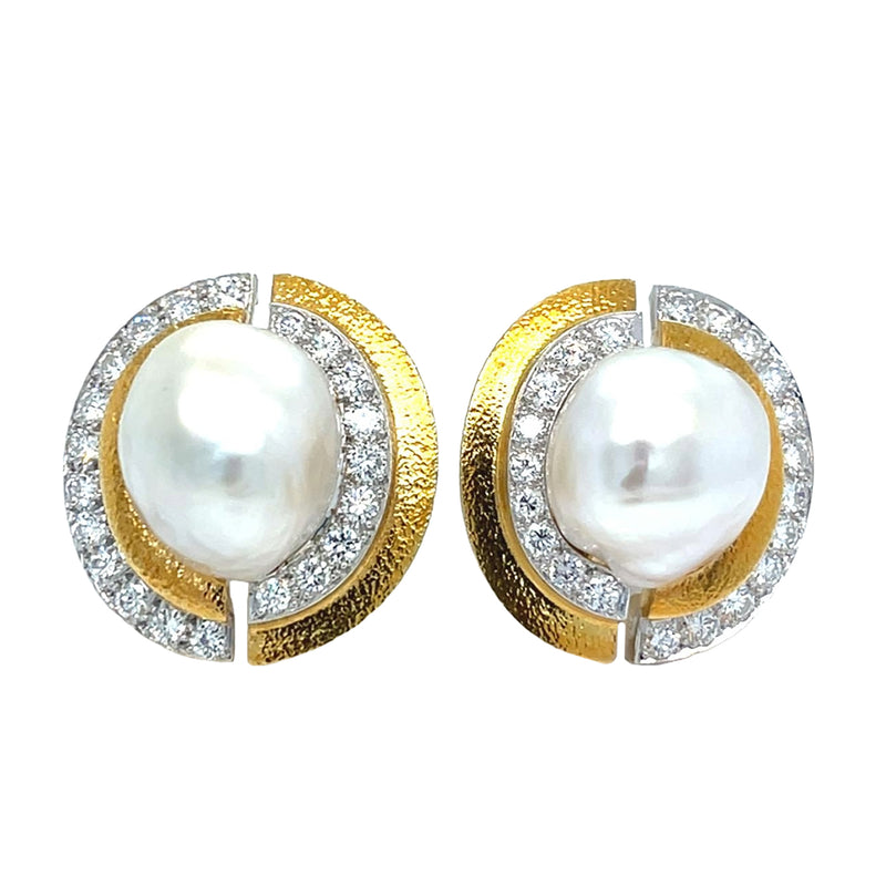 David Webb Platinum and 18K Hammered Gold South Sea Pearl Diamond and Earrings