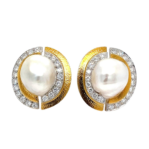 David Webb Platinum and 18K Hammered Gold South Sea Pearl Diamond and Earrings