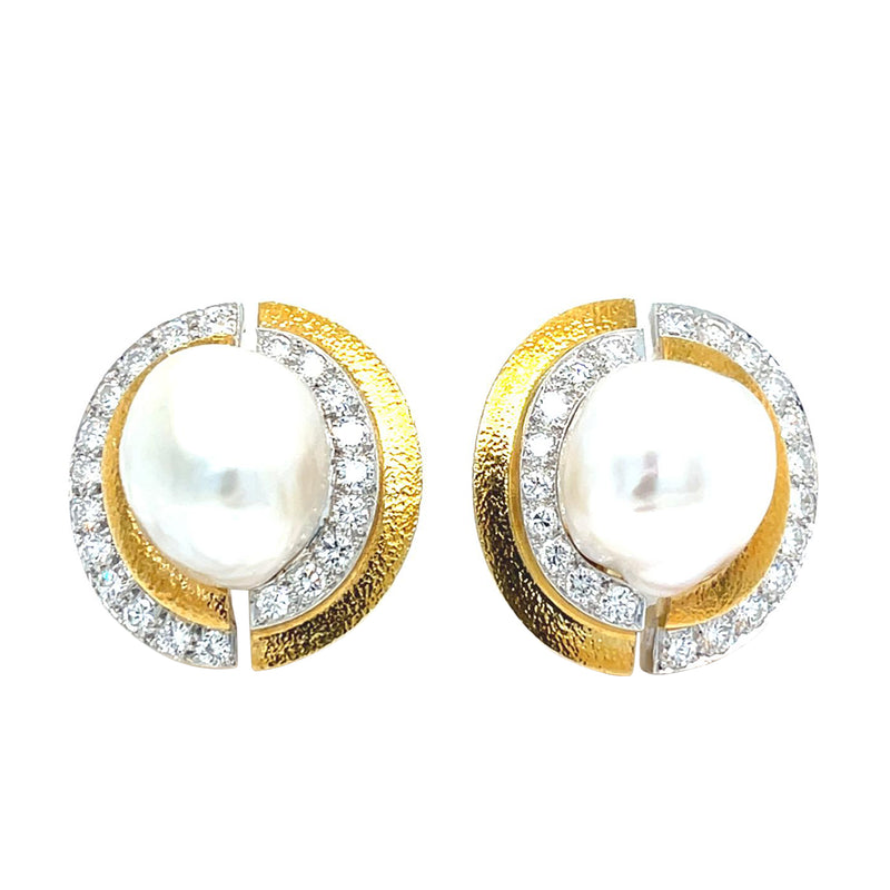 David Webb Platinum and 18K Hammered Gold South Sea Pearl Diamond and Earrings