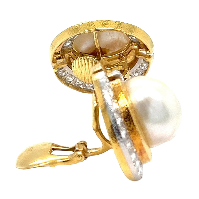 David Webb Platinum and 18K Hammered Gold South Sea Pearl Diamond and Earrings