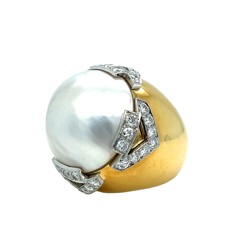 David Webb Pearl 3.10ct Round Cut Diamond Pave 18K Gold & Platinum Vintage Ring