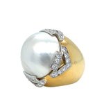 David Webb Pearl 3.10ct Round Cut Diamond Pave 18K Gold & Platinum Vintage Ring