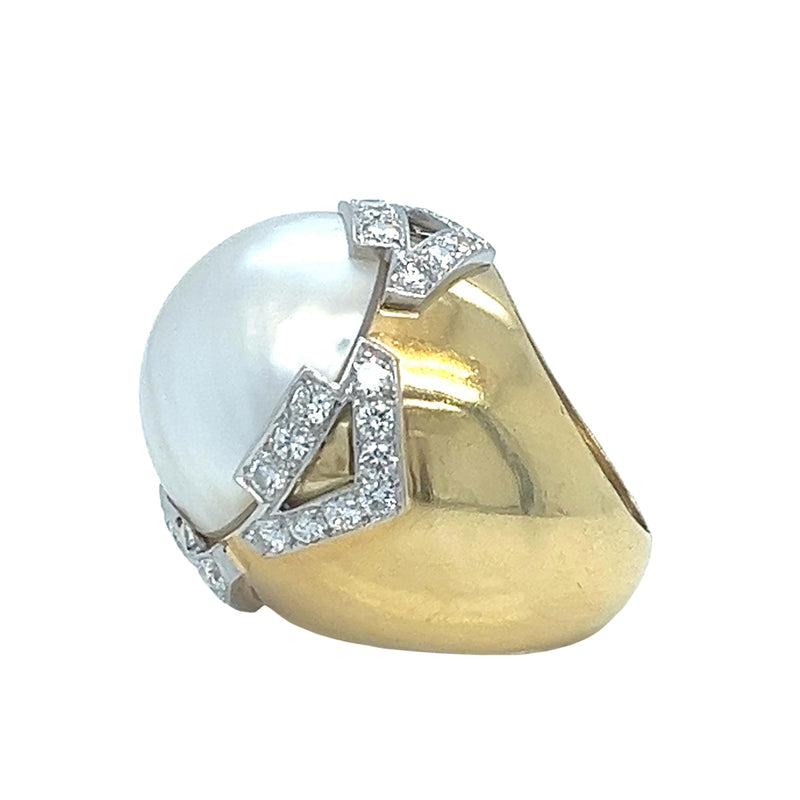 David Webb Pearl 3.10ct Round Cut Diamond Pave 18K Gold & Platinum Vintage Ring