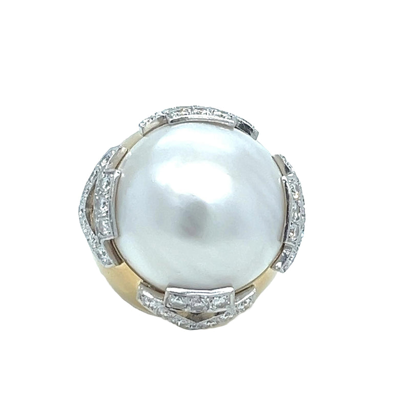 David Webb Pearl 3.10ct Round Cut Diamond Pave 18K Gold & Platinum Vintage Ring