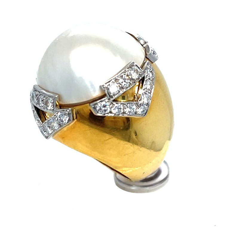 David Webb Pearl 3.10ct Round Cut Diamond Pave 18K Gold & Platinum Vintage Ring