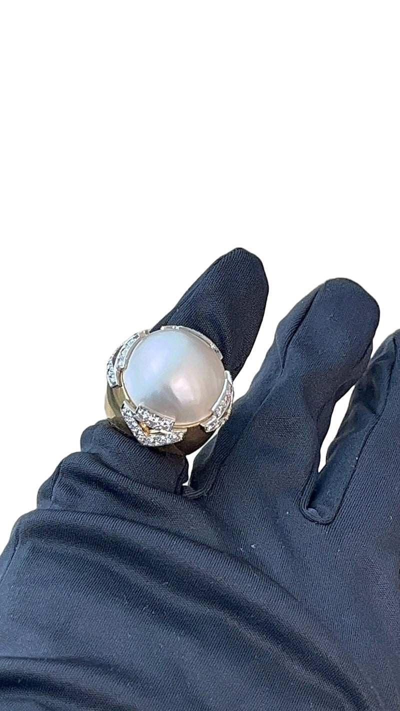 David Webb Pearl 3.10ct Round Cut Diamond Pave 18K Gold & Platinum Vintage Ring