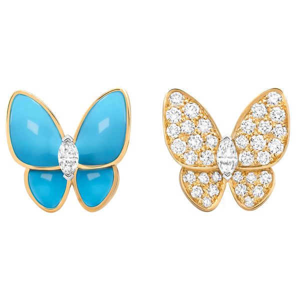 Van Cleef & Arpels 18K Yellow Gold Diamonds Turquoise Two Butterfly Earrings