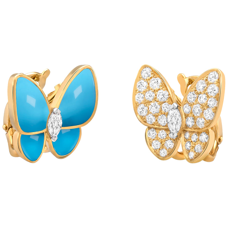 Van Cleef & Arpels 18K Yellow Gold Diamonds Turquoise Two Butterfly Earrings