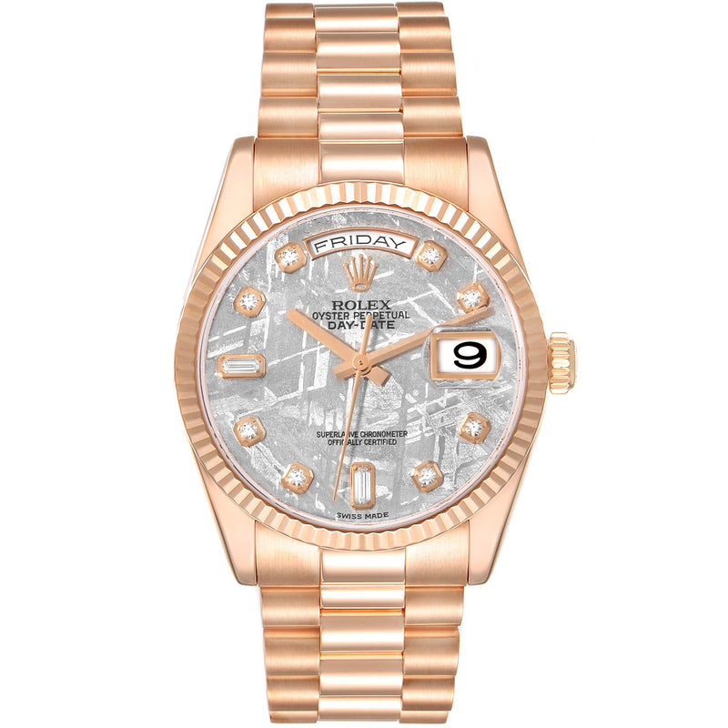 Rolex Day-Date President 36mm Rose Gold Meteorite Diamond Dial Mens Watch 118235