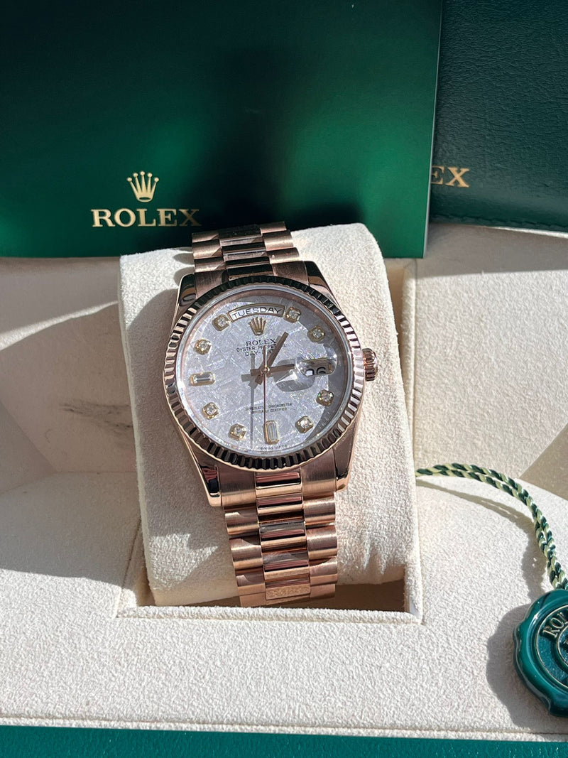 Rolex Day-Date President 36mm Rose Gold Meteorite Diamond Dial Mens Watch 118235