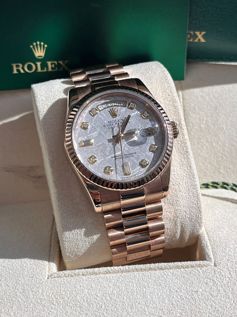 Rolex Day-Date President 36mm Rose Gold Meteorite Diamond Dial Mens Watch 118235